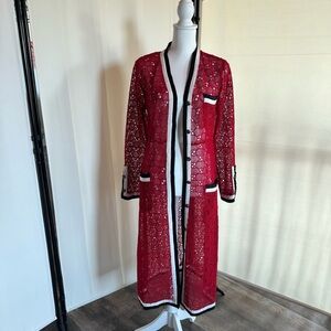 GUCCI Red Lace Cardigan with Black & White Trim Mid length.